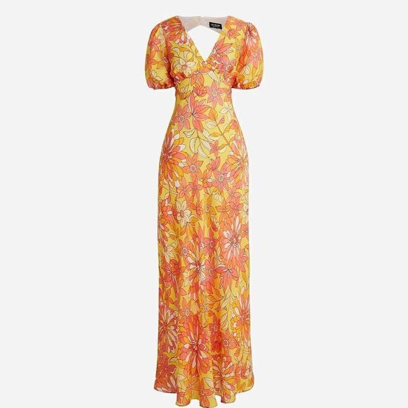 J Crew Collection Puff Sleeve Cupro Sunset Floral Maxi Dress NWT - Picture 1 of 15